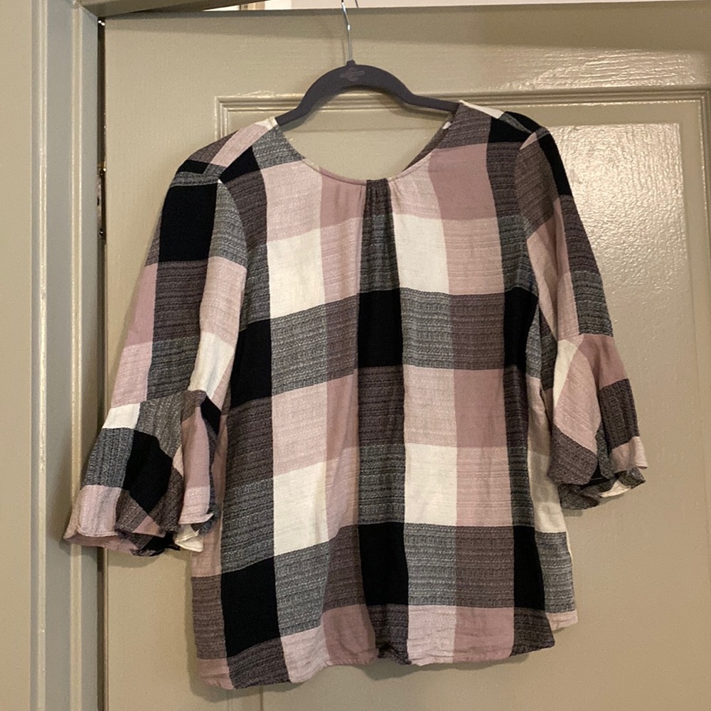 Black, pink, and gray top with a tie in the back